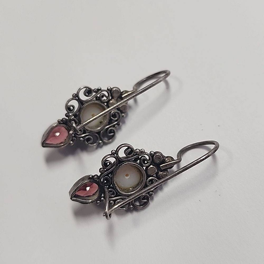 Sterling Silver Garnet Pearl French Hook Earrings 925 - Picture 3 of 4